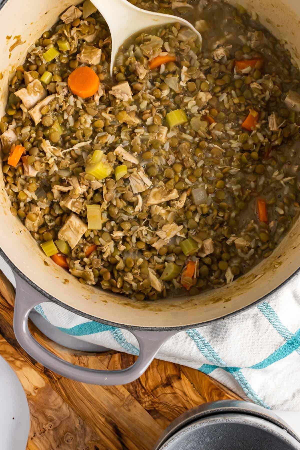 Finished turkey lentil soup in a pot