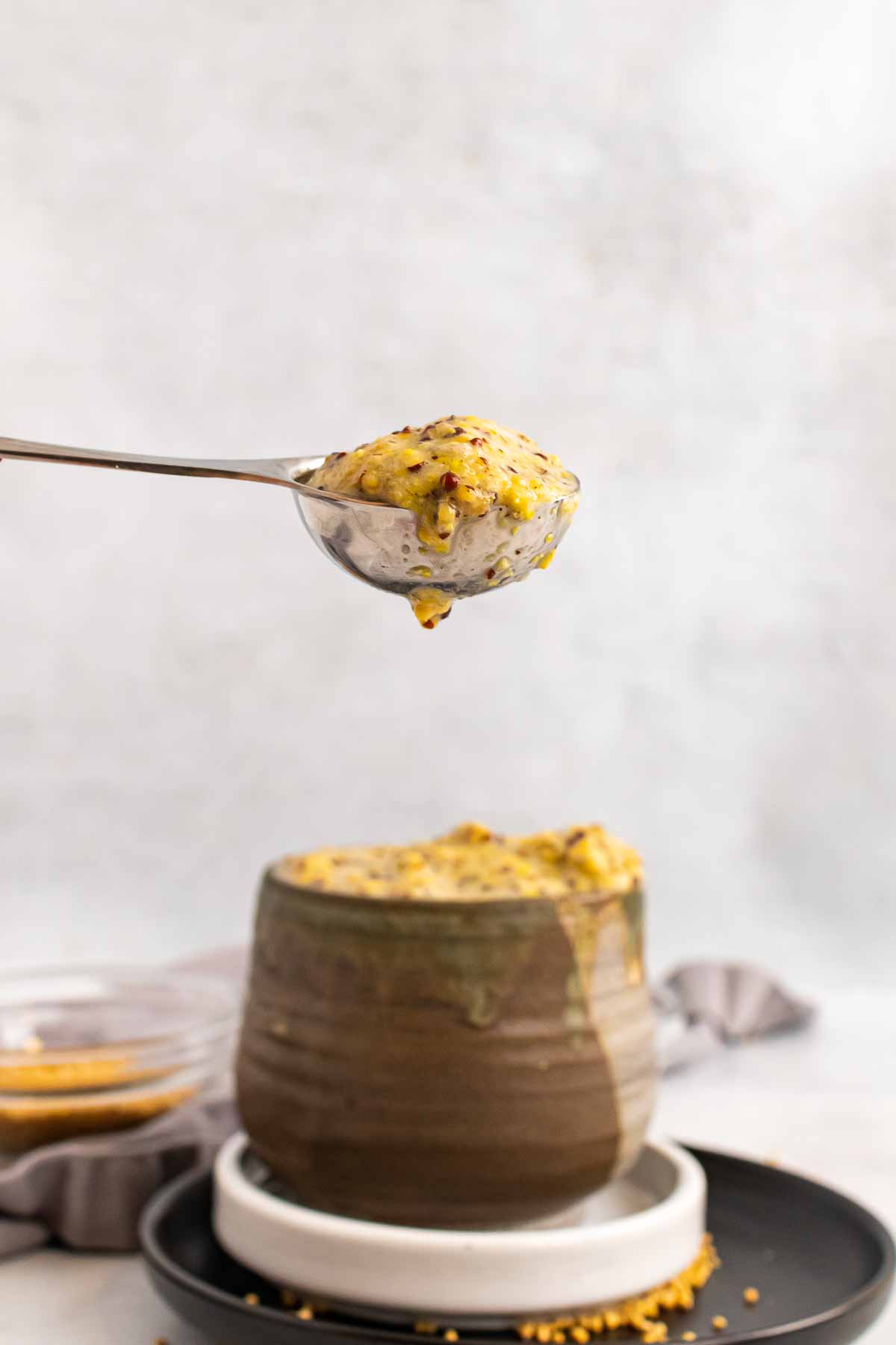 Closeup of a spoonful of mustard 