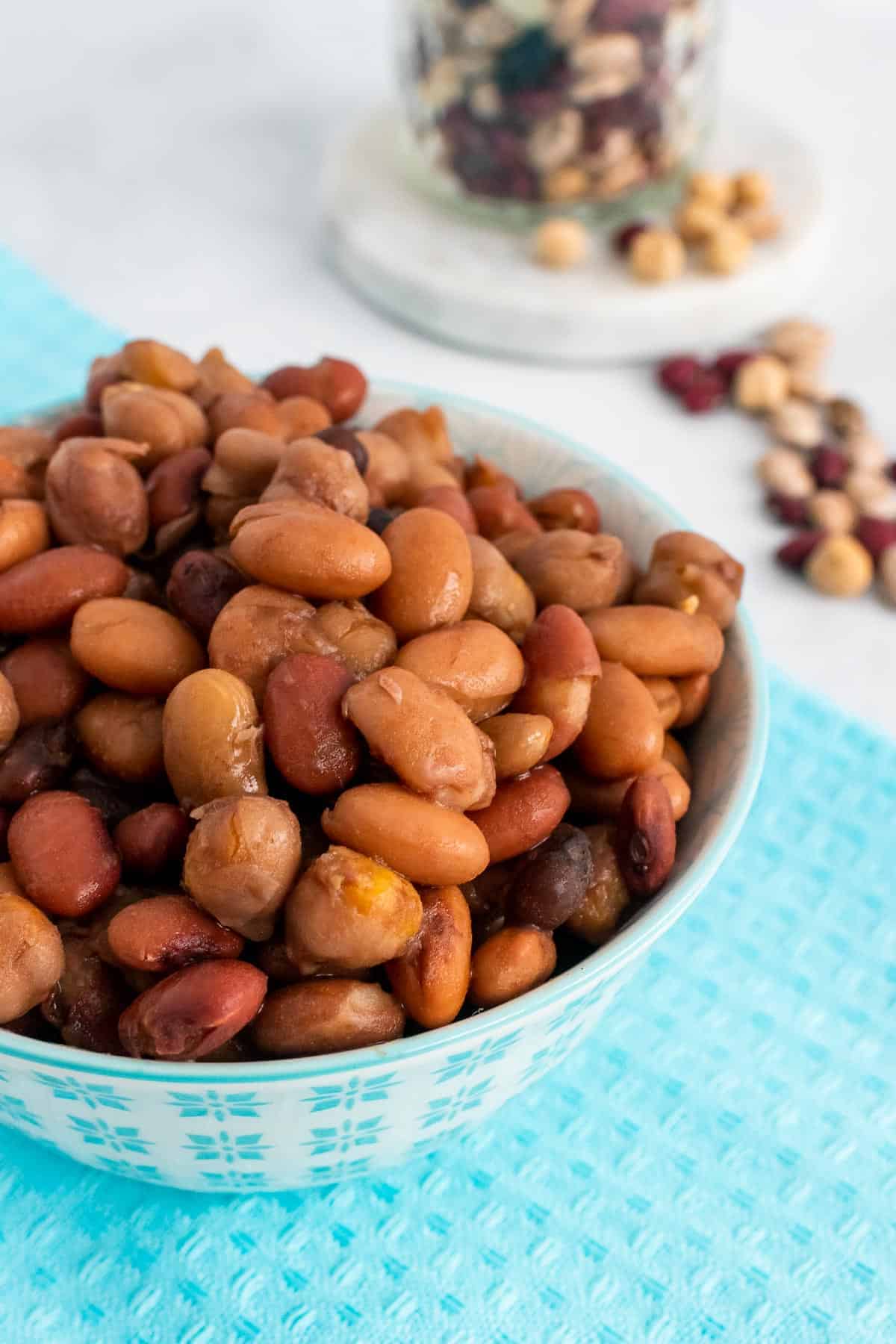 Closeup of instant port beans in a blue bowl