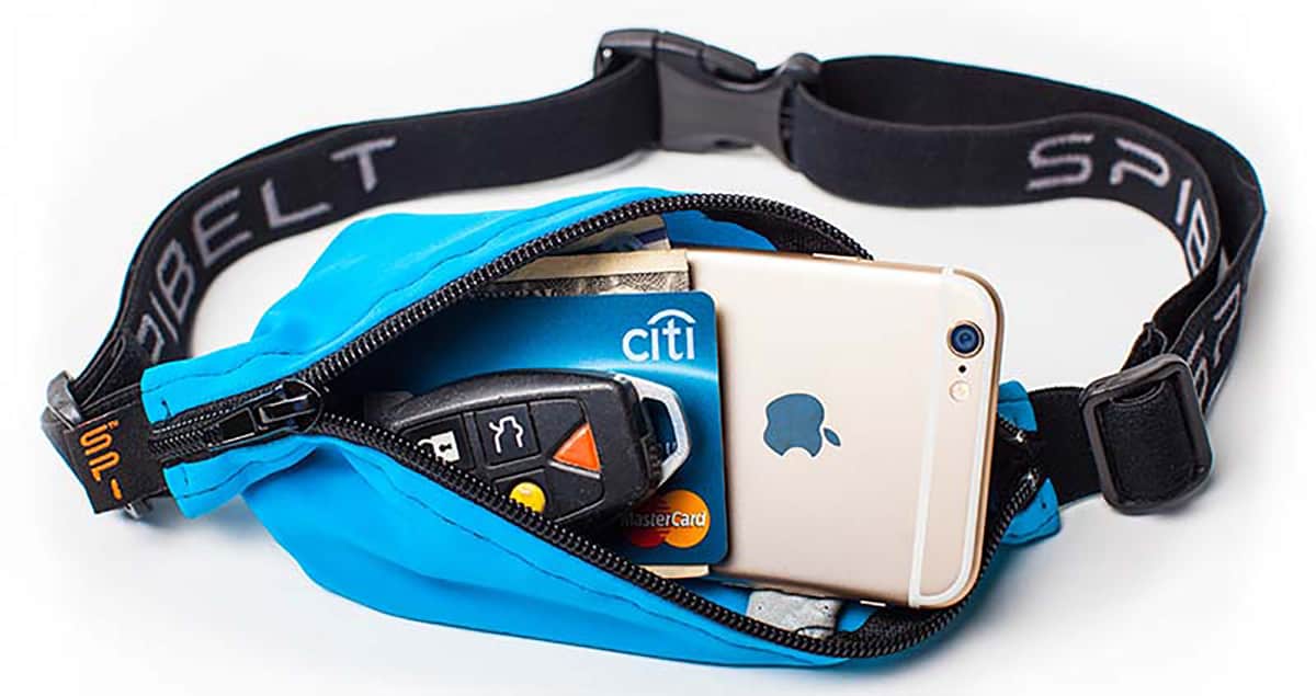 Open Spibelt with a mobile phone, keys, and credit cards 