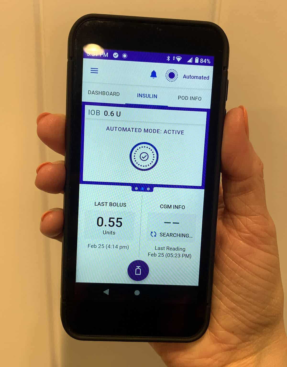 Mobile phone screenshot with Omnipod 5 Automode 