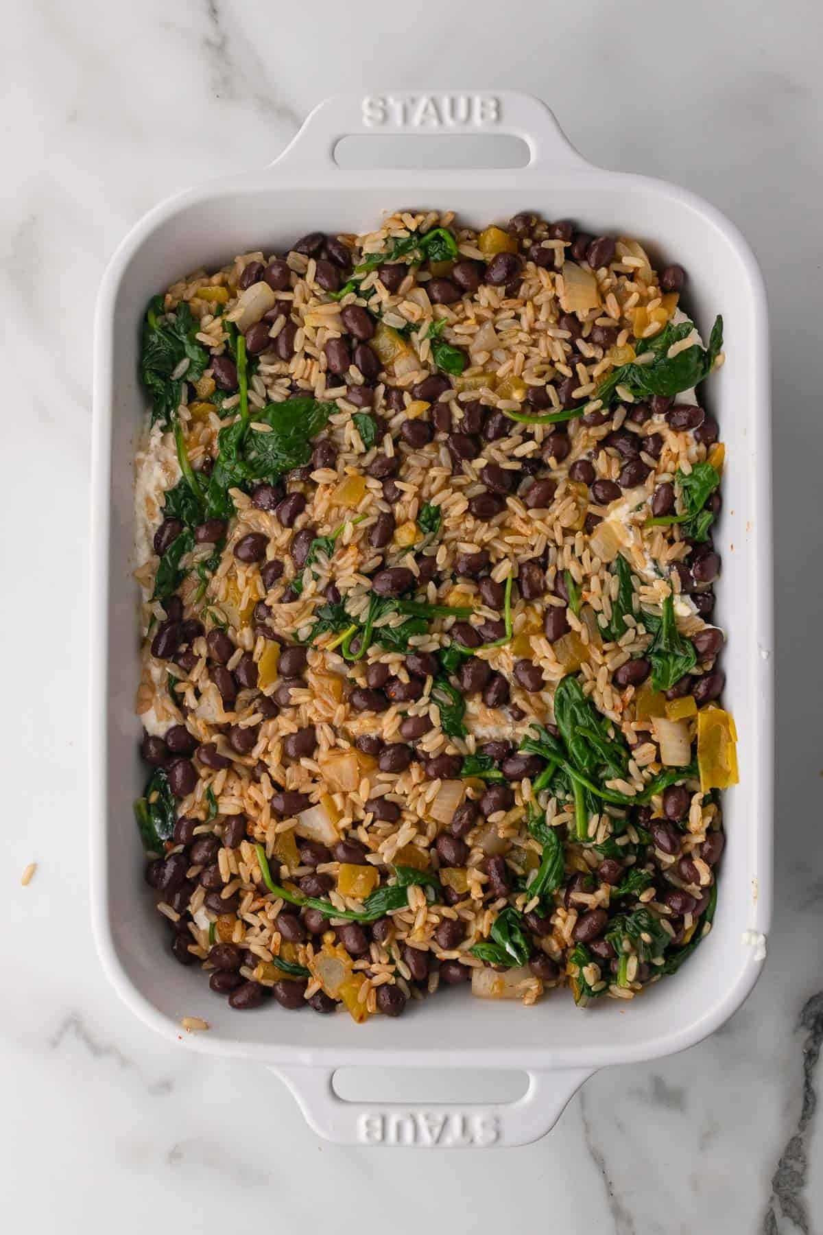 Black Bean and Brown Rice Casserole ready to put in the oven