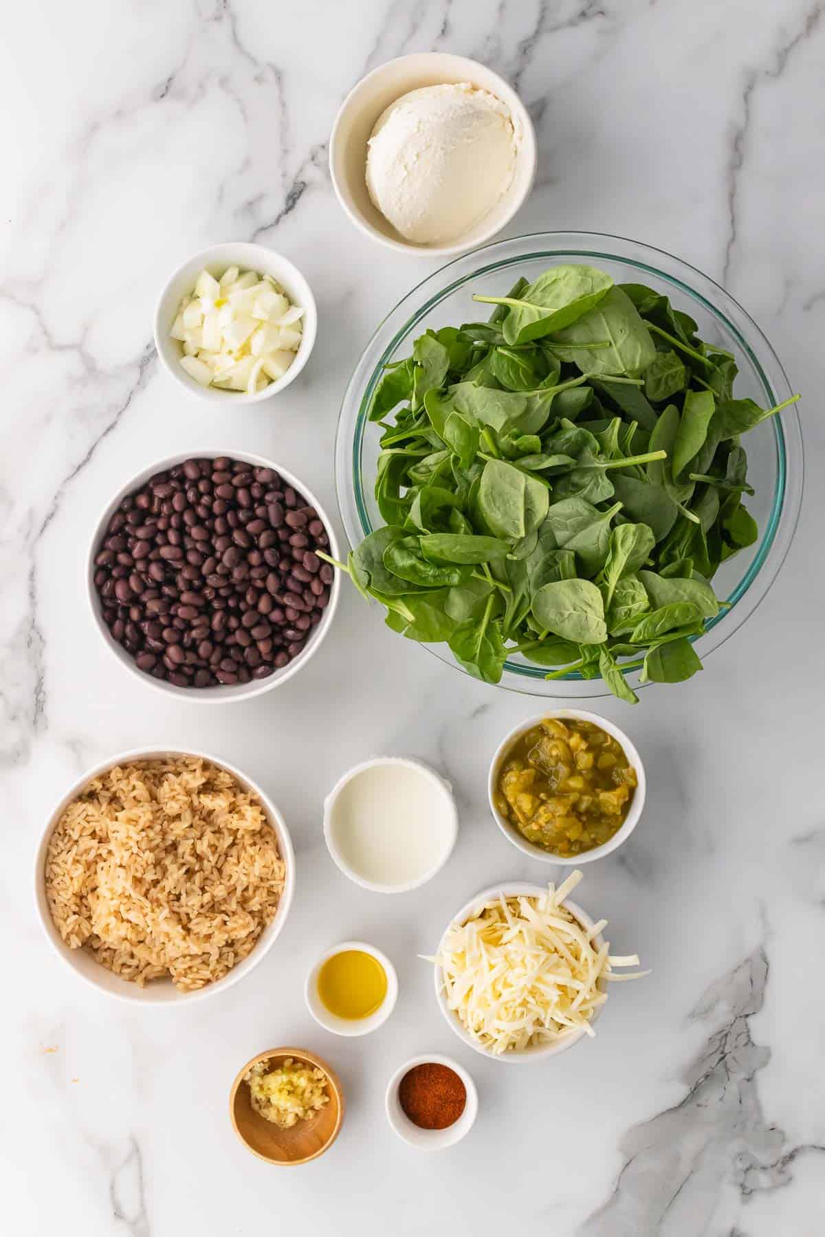 Ingredients for the casserole in individual ramekins