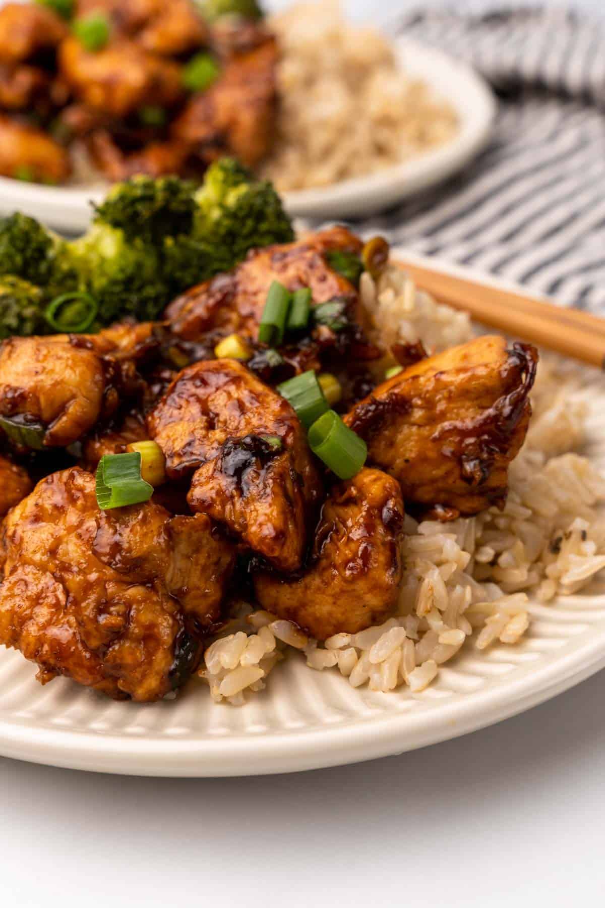 Plate of low-carb General Tso's Chicken with chopsticks