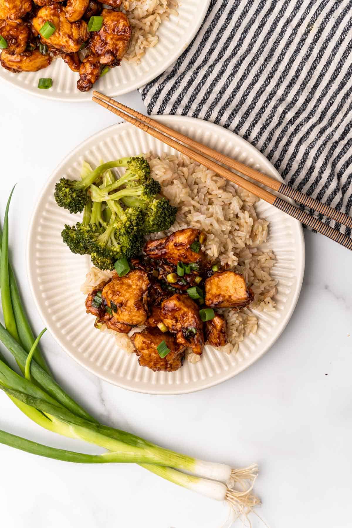 Plate of Low-Carb General Tso's Chicken seen from above