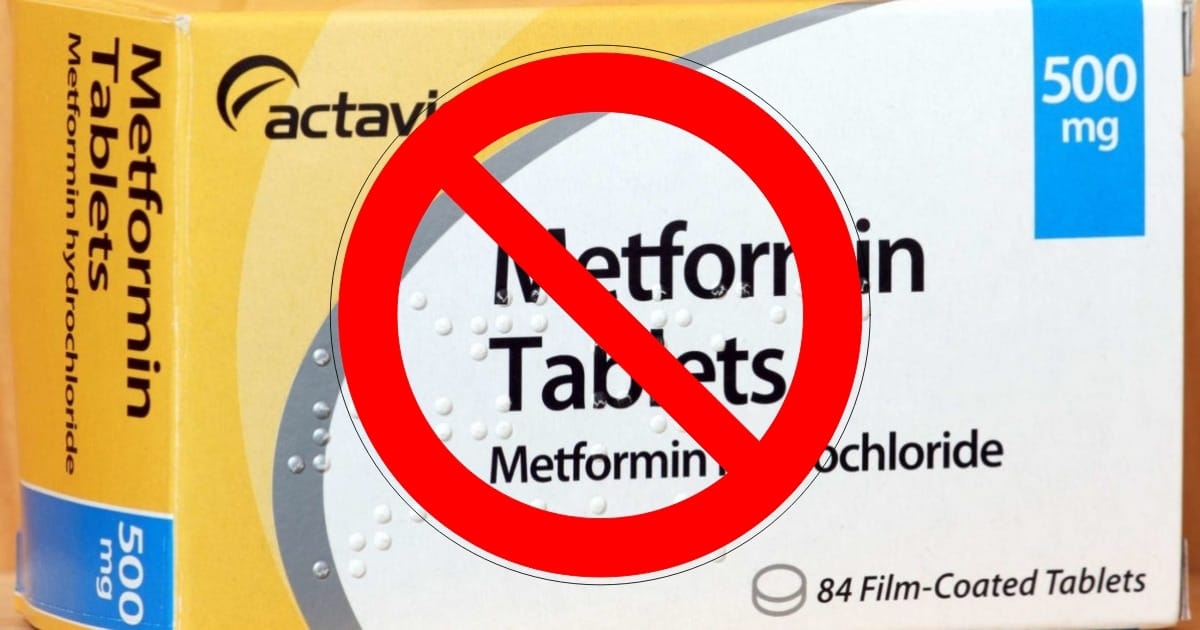 Package of Metformin tablets with a red cross in front