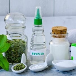 Five different Stevia products on a table