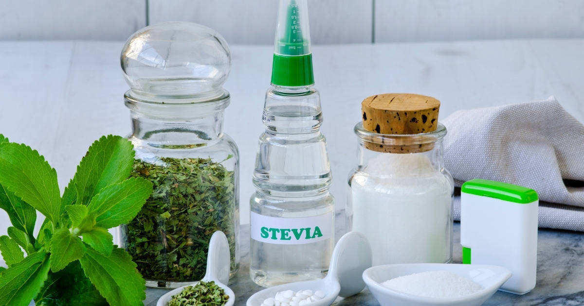 Five different Stevia products on a table