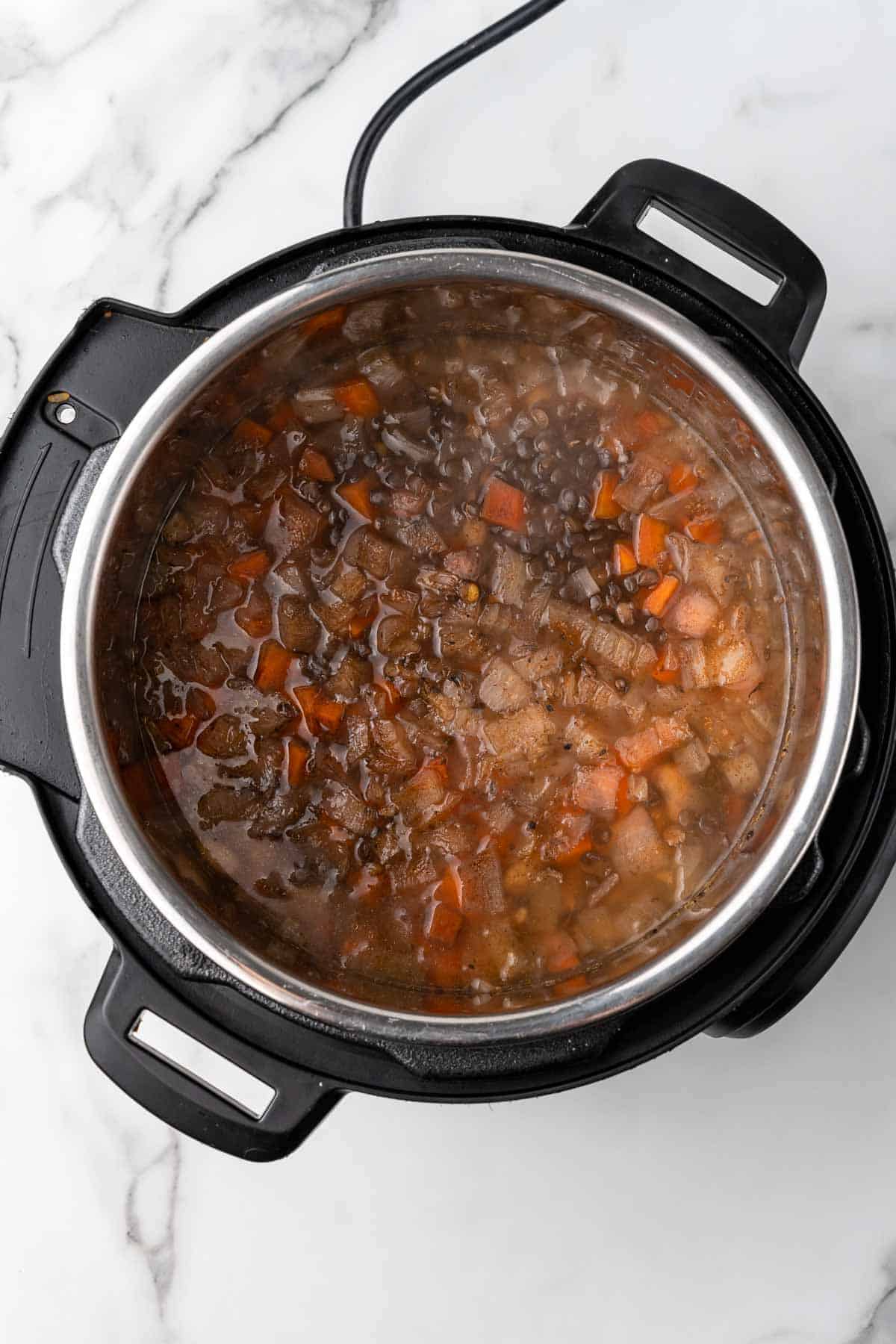 Lentil soup after cooking in the instant pot