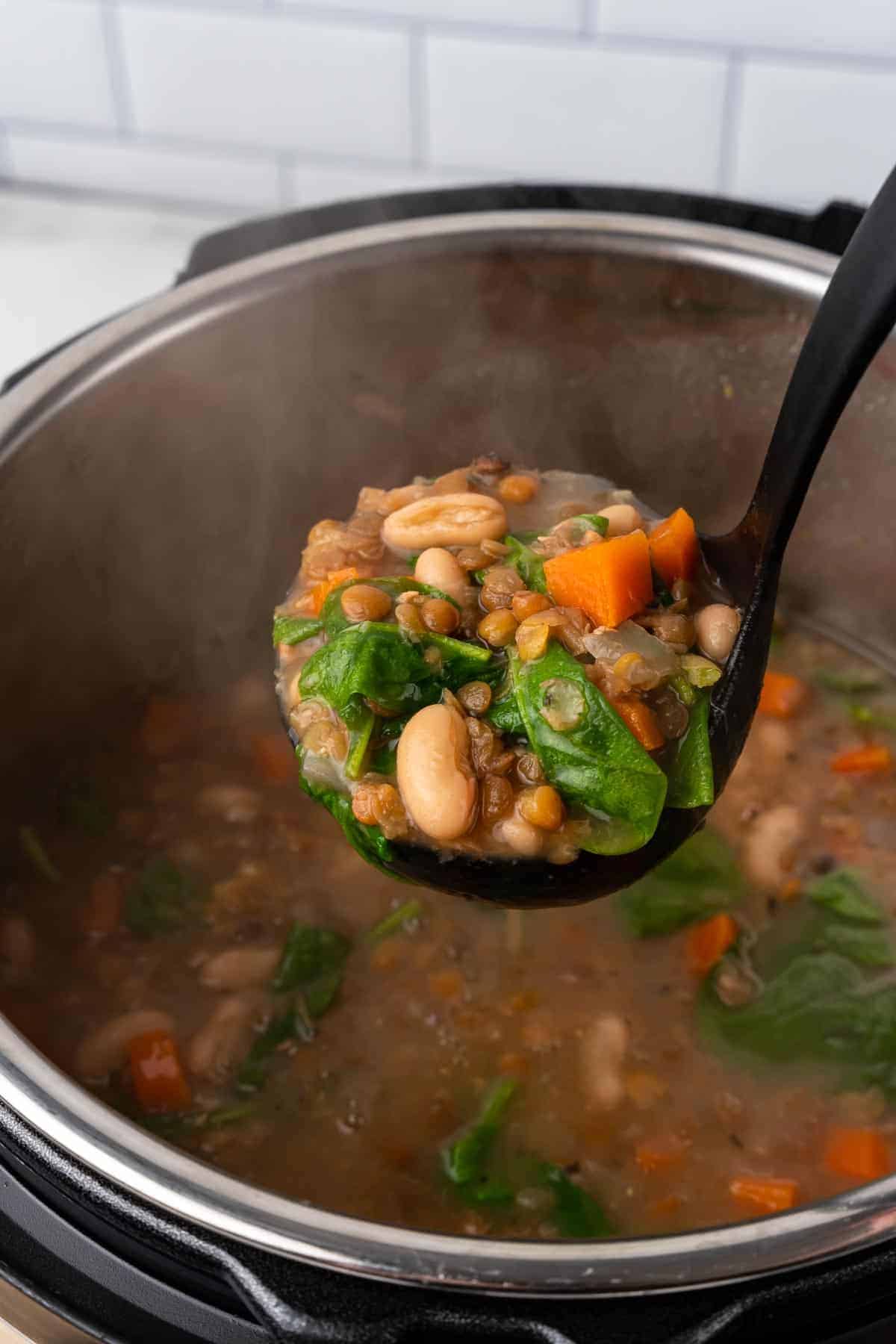 spoonful of bean and lentil soup held over the pressure cooker