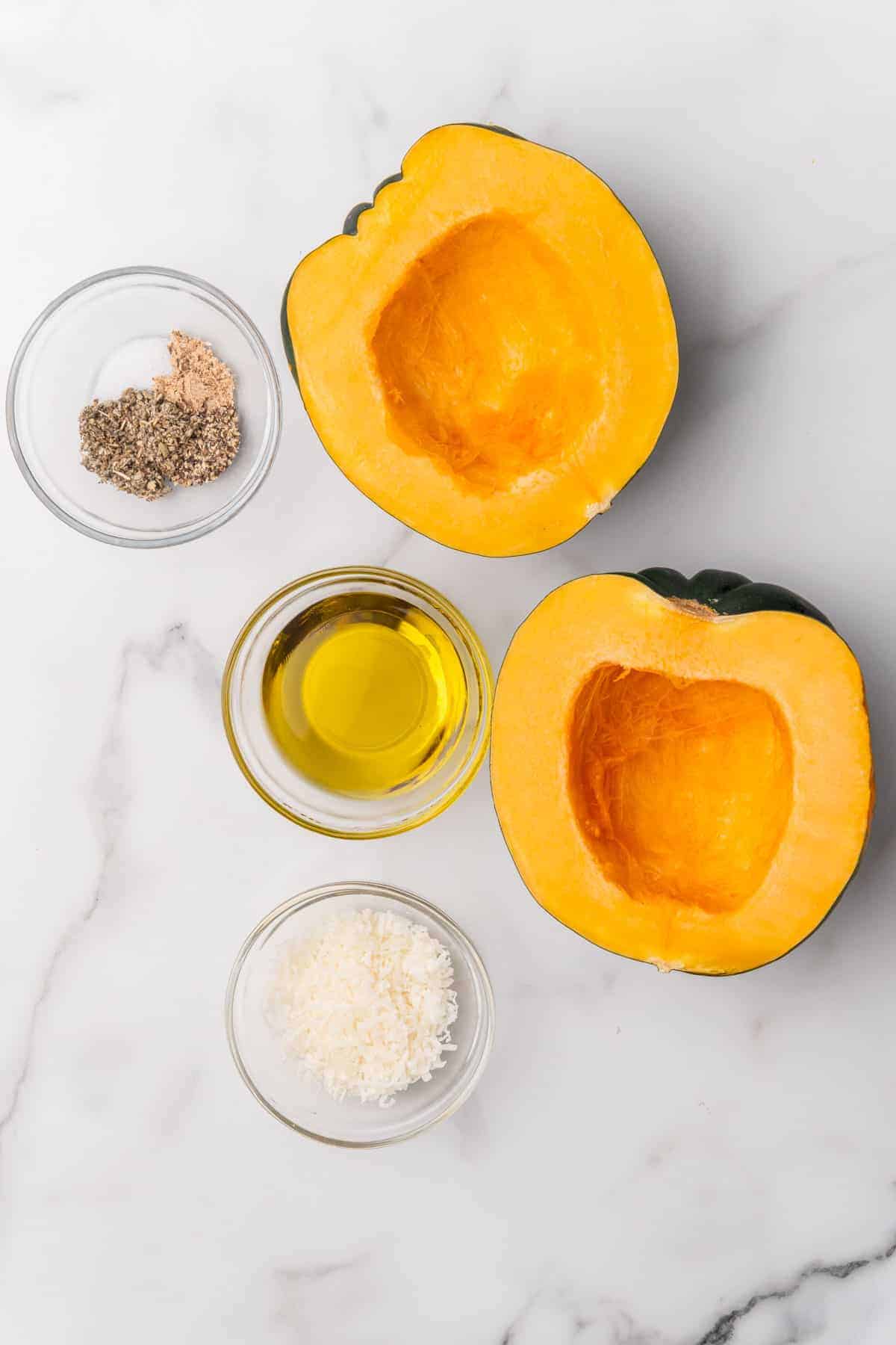 Ingredients for recipe in separate bowls and ramekins as seen from above on a white marble surface