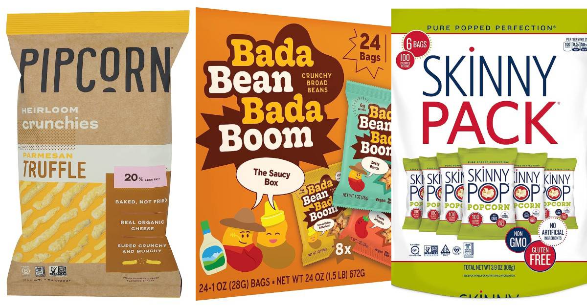 Collage of low-carb packaged snacks