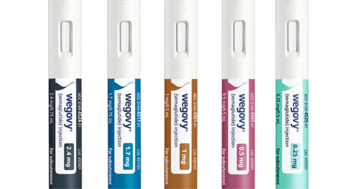 Image of five Wegovy pens with different dosages