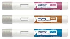 Image of five Wegovy pens with different dosages