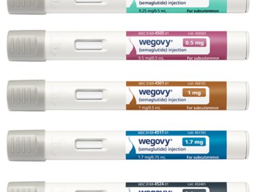 Image of five Wegovy pens with different dosages