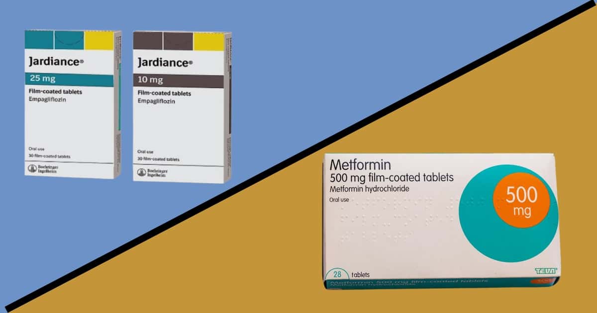 Image of Jardiance box on left side of a diagonal line and a metformin box on the right side.