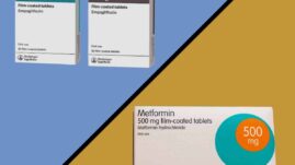 Image of Jardiance box on left side of a diagonal line and a metformin box on the right side.