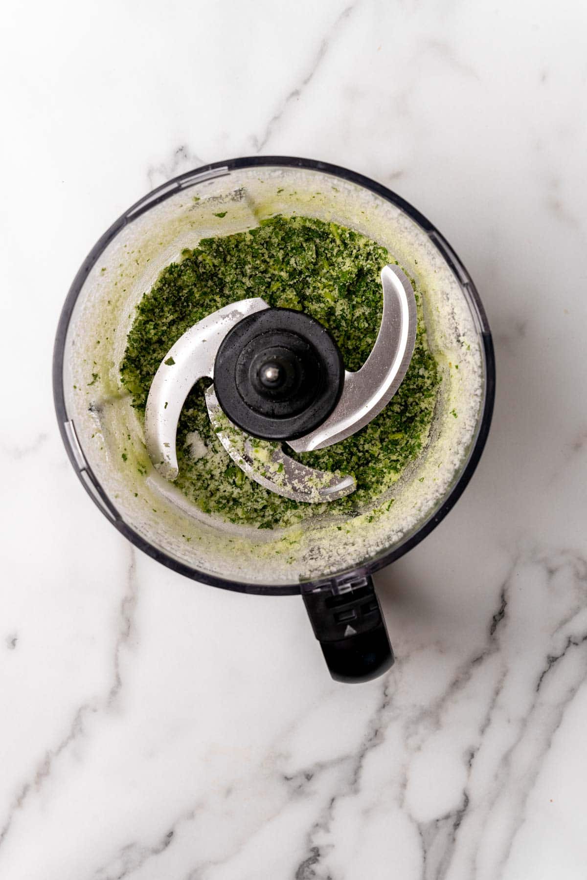 Blended basil and salt in a food processor