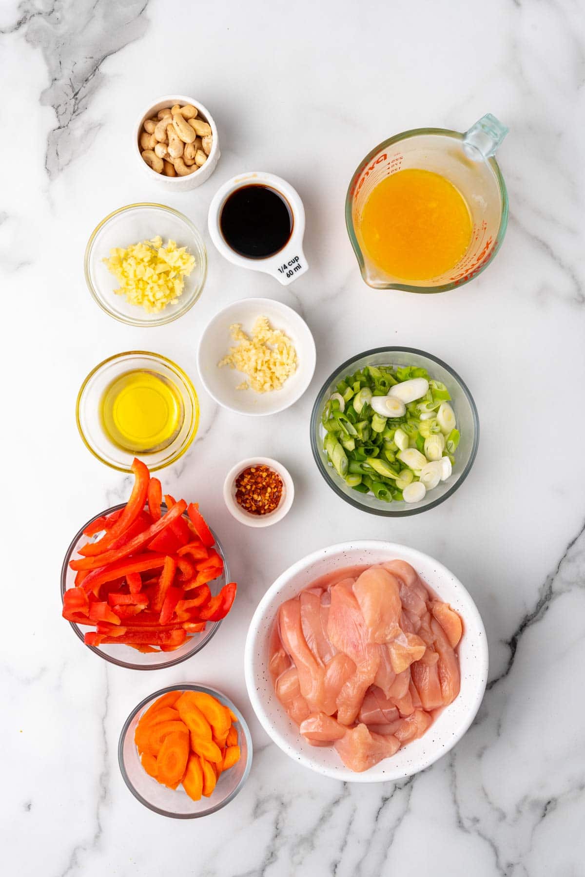 Ingredients for the stir-fry laid out on a table