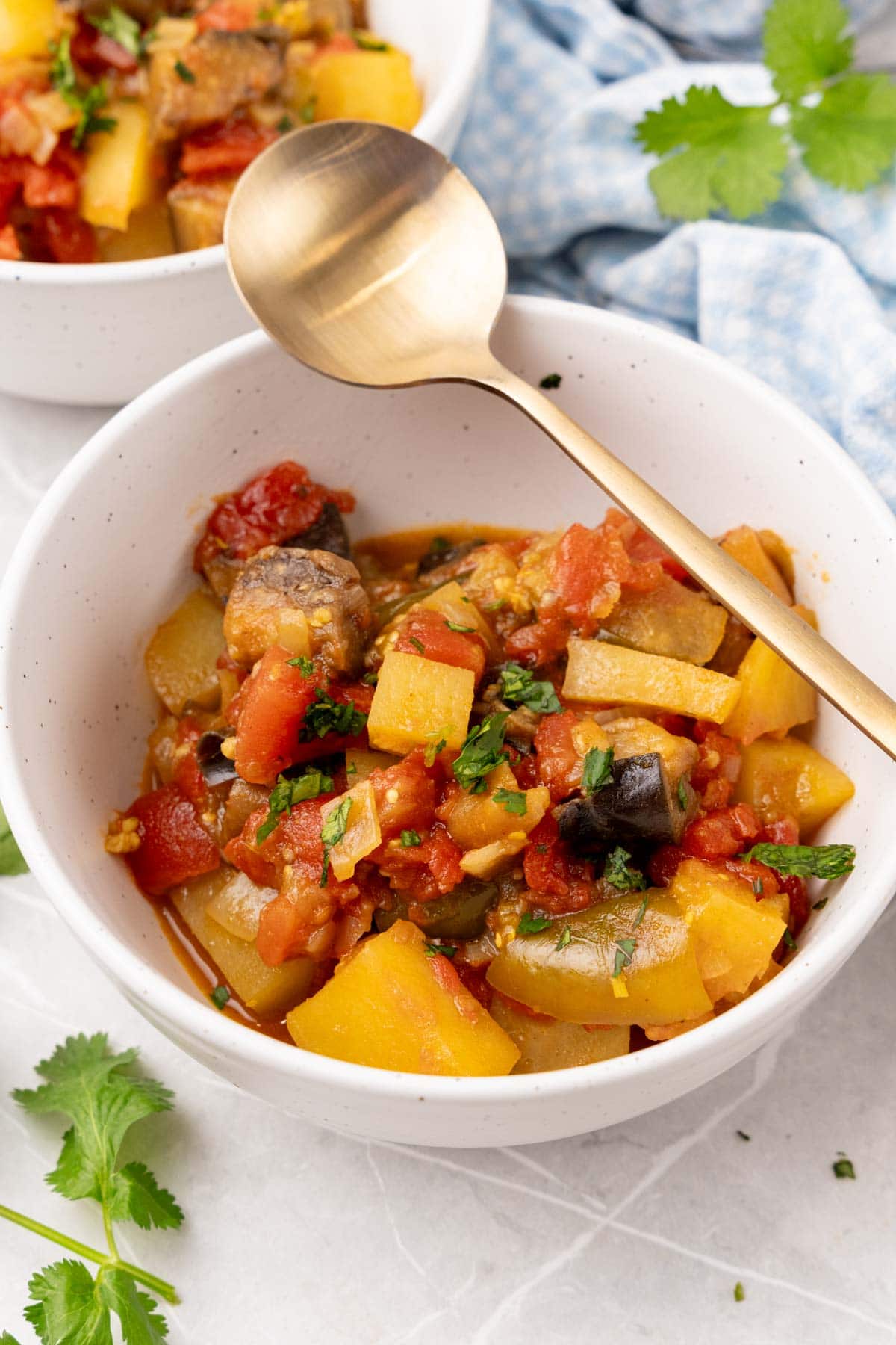 Bowl of Moroccan Eggplant Stew with spoon on table