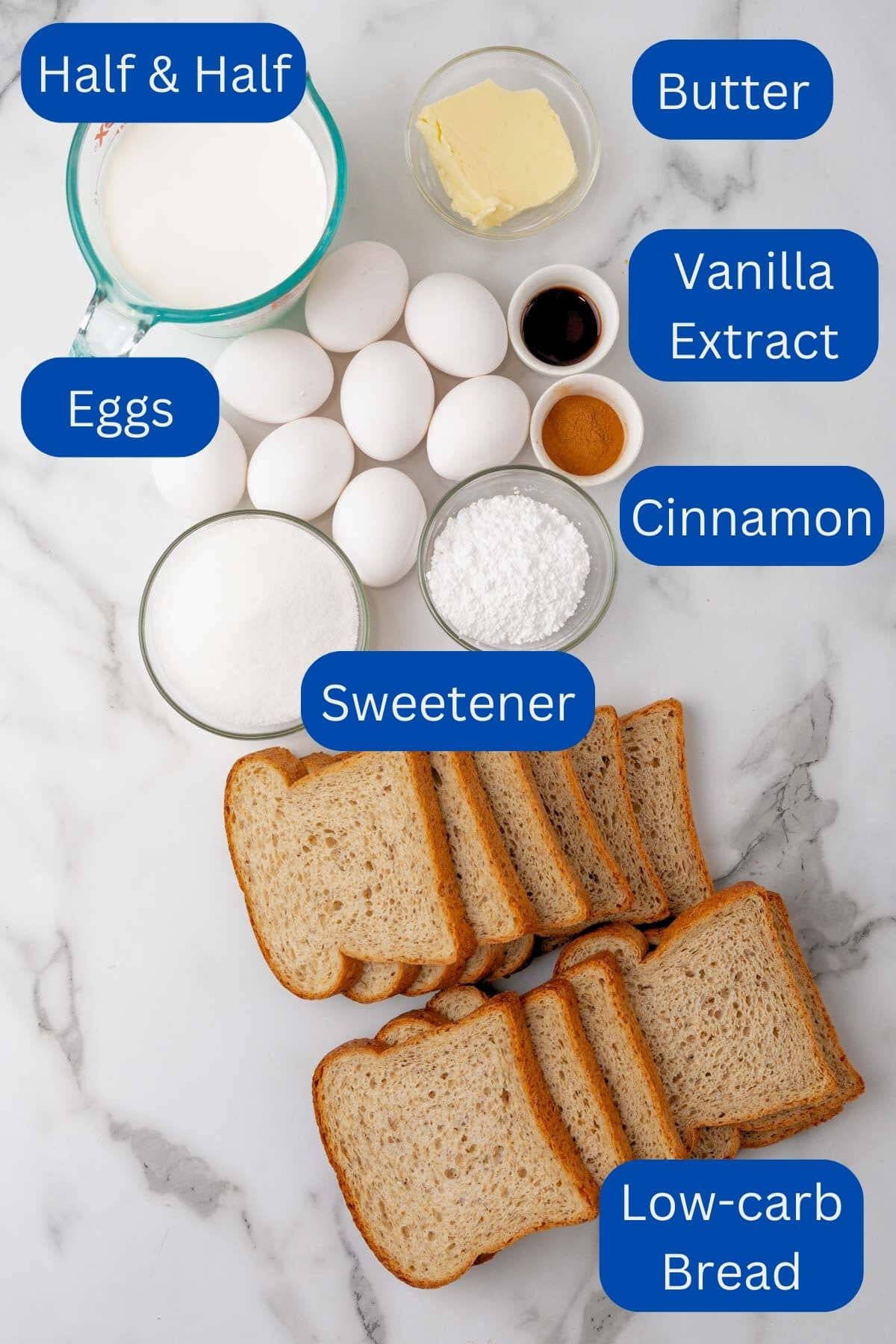 Overhead view of ingredients for bread pudding on the counter or separated into bowls and ramekins with text describing each one