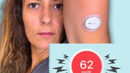 Woman with CGM on arm and CGM reading