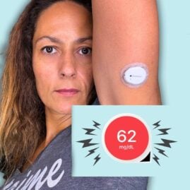 Woman with CGM on arm and CGM reading
